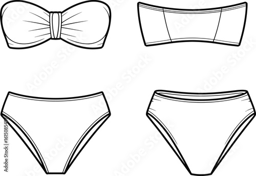 Women bikini swimsuit CAD flat drawing, technical fashion vector illustration, bandeau top and bottom design, front and back view