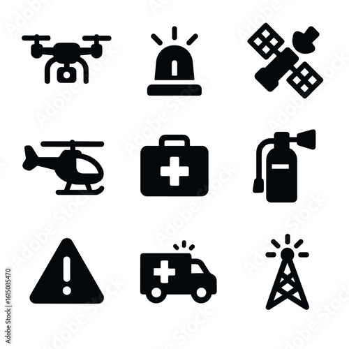 Disaster Response Icons. Solid, filled icon set of disaster response tech: drone, emergency signal, satellite, rescue helicopter,