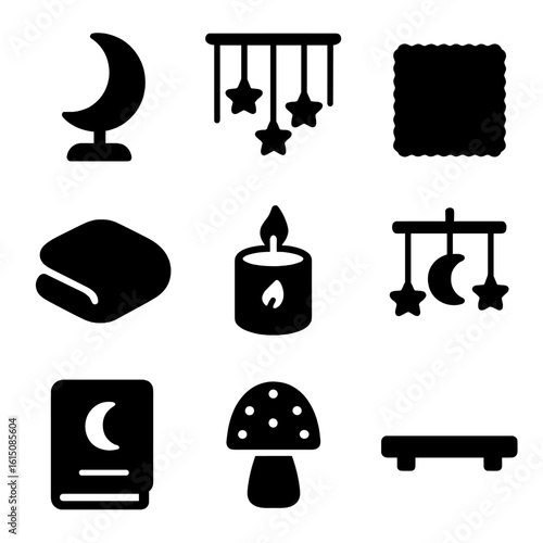 Dreamy Decor Icons. Solid, filled icon set of dreamy decor: moon lamp, star curtain, soft rug, cozy blanket, scented candle, sky