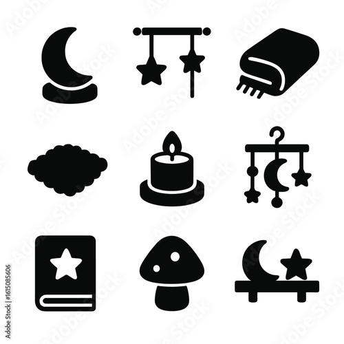 Dreamy Decor Icons. Solid, filled icon set of dreamy decor: moon lamp, star curtain, soft rug, cozy blanket, scented candle, sky