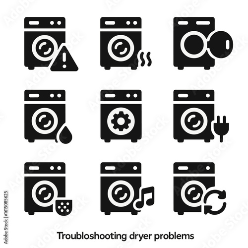Dryer Troubleshooting Icons. Solid, filled icon set of troubleshooting dryer problems: error alert, overheating, door open, water