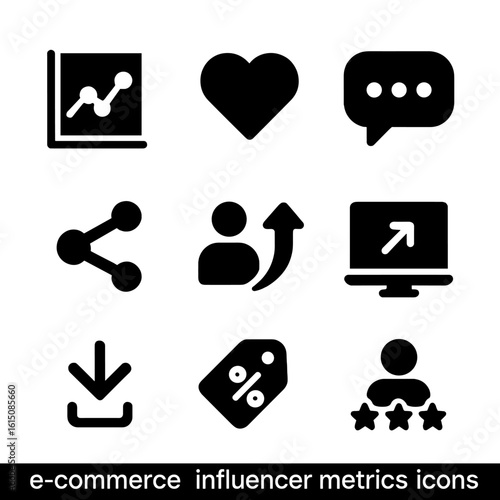 E-commerce Metrics Icons. Solid, filled icon set of e-commerce influencer metrics: analytics graph, likes, comments, shares,