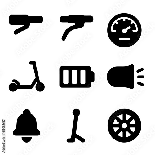 E-Scooter Icon Grid. Solid, filled icon set of e-scooter features: throttle, brake lever, speedometer, foldable scooter, battery