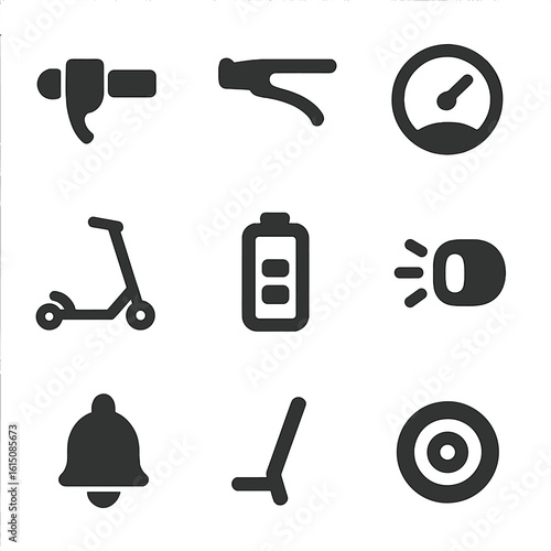 E-Scooter Icon Grid. Solid, filled icon set of e-scooter features: throttle, brake lever, speedometer, foldable scooter, battery