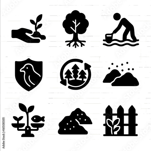 Ecological Conservation Icons. Solid, filled icon set of ecological restoration and conservation efforts: sapling planting, tree