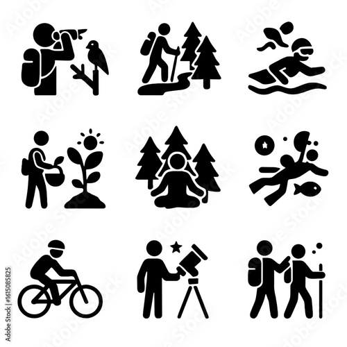 Eco-Tourism and Repair Icons. Solid, filled icon set of eco-tourism activities: birdwatching, trail hiking, kayaking, organic farm