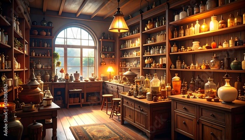 Sunlit apothecary shop; wooden shelves overflowing with various glass bottles, jars, and containers