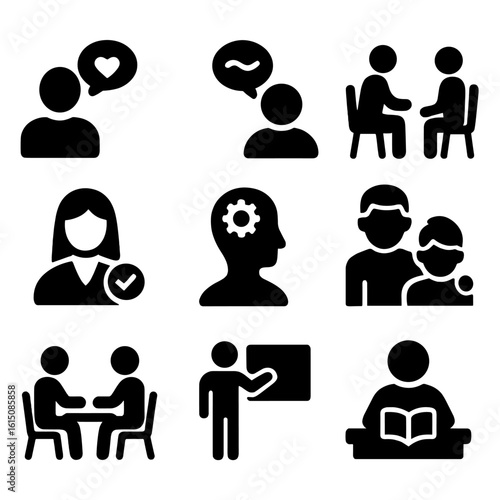 Educational Support Icons. Solid, filled icon set of educational support services: counselor, speech therapist, occupational