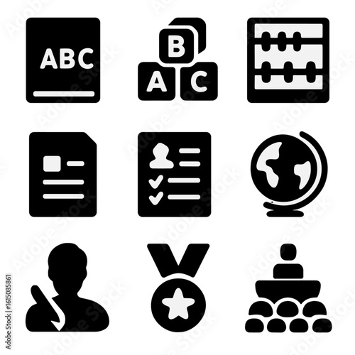 Educational Icon Grid. Solid, filled icon set of alphabets and education: alphabet book, abc blocks, abacus, assignment,