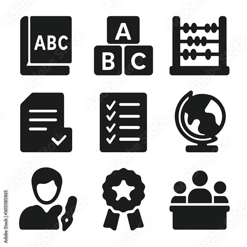 Educational Icon Set. Solid, filled icon set of alphabets and education: alphabet book, abc blocks, abacus, assignment, attendance