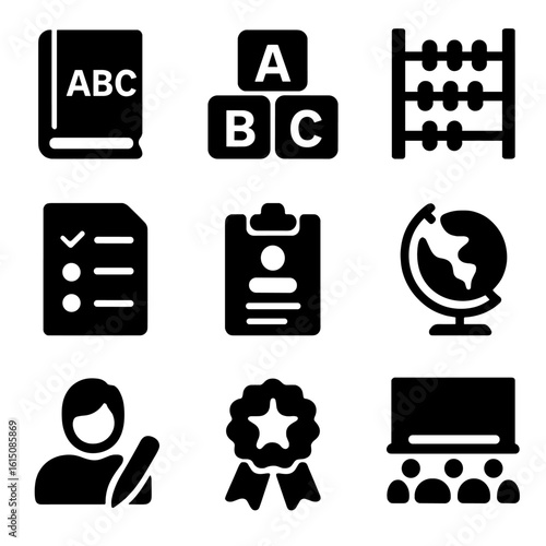 Educational Icon Set. Solid, filled icon set of alphabets and education: alphabet book, abc blocks, abacus, assignment, attendance