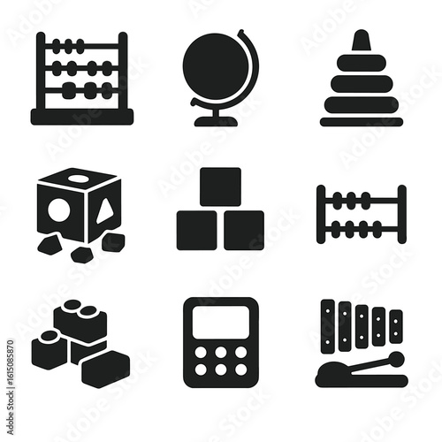 Educational Toy Icons. Solid, filled icon set of educational toys: abacus, globe, stacking rings, shape sorter, alphabet blocks,
