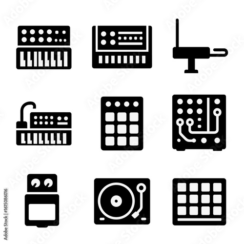 Electronic Instrument Icons. Solid, filled icon set of iconic electronic instruments: Moog synthesizer, Roland TR-808, Theremin,