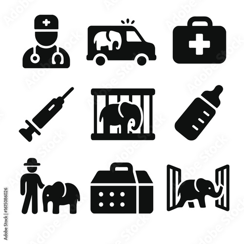 Elephant Rescue Icons. Solid, filled icon set of elephant rescue and rehabilitation: vet, rescue vehicle, medical kit,