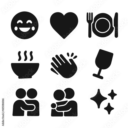 Emotion and Food Icons. Solid, filled icon set of Food and emotion symbols: smiling face, tears of joy, heart, plate with utensils
