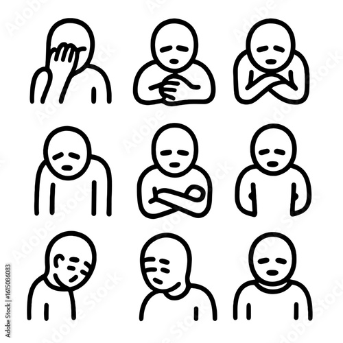 Emotional Gesture Icons. Solid, filled icon set of gestures paired with downcast eyes: hand covering face, hands clasped, head in