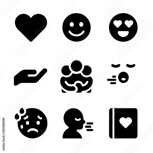 Emotional Icons Grid. Solid, filled icon set of expecting emotions: heart, smiley face, love, excitement, nervousness, support