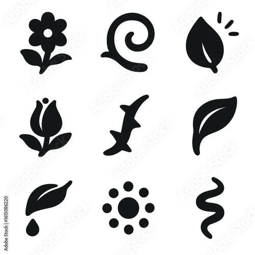 Enchanted Floral Icons. Solid, filled icon set of enchanted flowers and plants: blooming blossom, vine swirl, glowing petal,