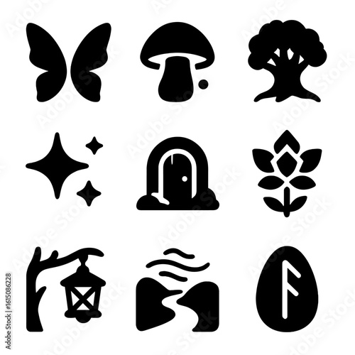 Enchanted Glade Icons. Solid, filled icon set of enchanted glade: fairy wings, glowing mushroom, ancient tree, magic sparkle,