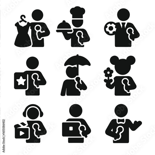 Entertainment Host Icons. Solid, filled icon set of entertainment host roles: fashion presenter, cooking show host, sports anchor,