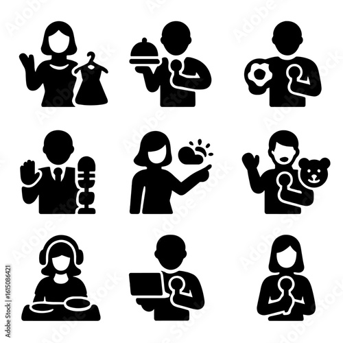Entertainment Host Icons. Solid, filled icon set of entertainment host roles: fashion presenter, cooking show host, sports anchor,
