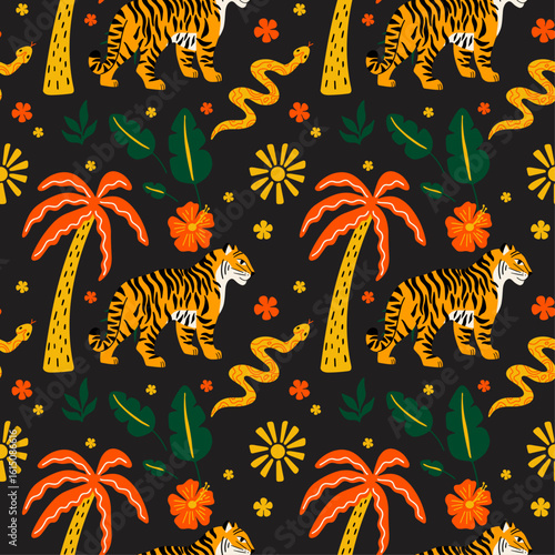Wild jungle animals, exotic flowers, tropical plants cartoon vector seamless pattern design in groovy funky colorful style with illustration of tiger, snake, leaves, palm tree, sun