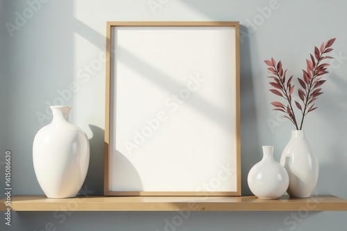 Stylish Scandinavian shelf with vases & elegant photo frame mockup Minimalist home decor , photo frame, hygge, nordic