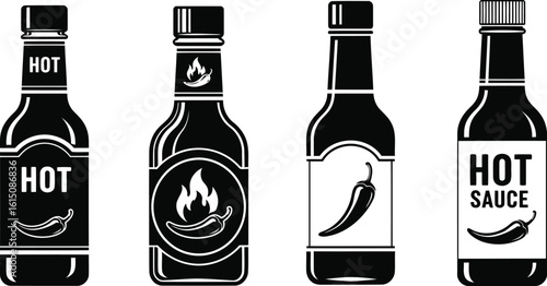 Hot Sauce Bottle Vector Icons Set – Spicy Pepper Label Clipart