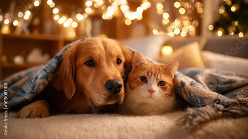 A heartwarming scene of an adorable dog and cat cuddled together under a cozy blanket in a festive room decorated for Christmas. The twinkling lights and holiday decorations create a warm, cheerful at