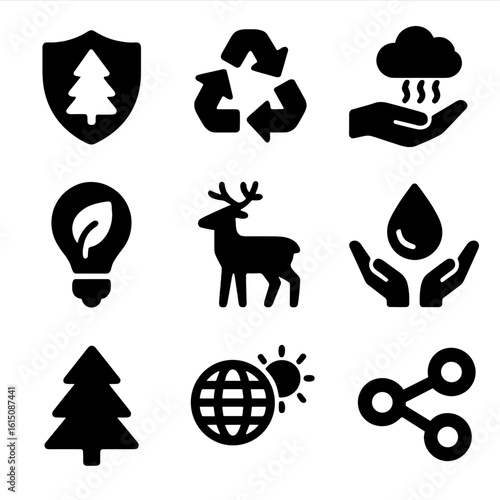 Environmental Icon Set. Solid, filled icon set of Province environment: protected area, recycling, pollution control, green energy
