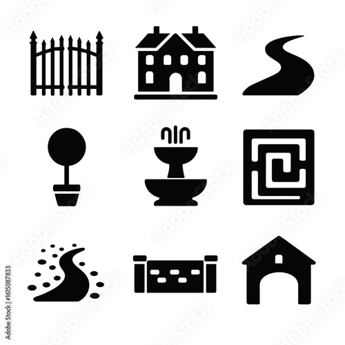 Estate Icon Collection. Solid, filled icon set of estate grounds: wrought iron gate, mansion house, garden path, topiary tree,