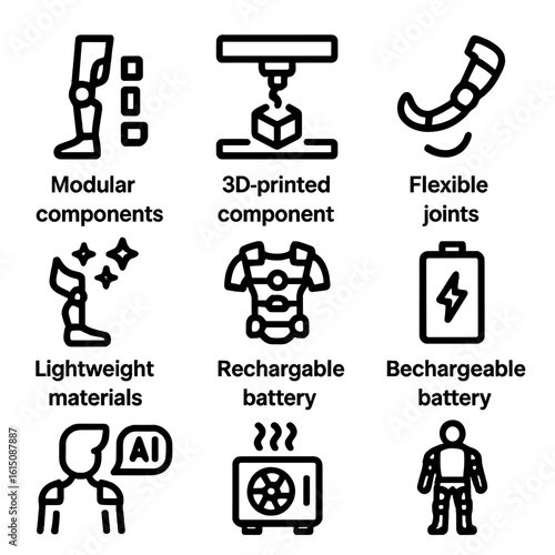 Exoskeleton Design Icons. Solid, filled icon set of Exoskeleton design and innovation: modular parts, 3D printed components,