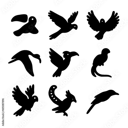 Exotic Bird Icons Grid. Solid, filled icon set of exotic birds in flight: toucan leap, macaw swoop, parrot spread, flamingo arc,