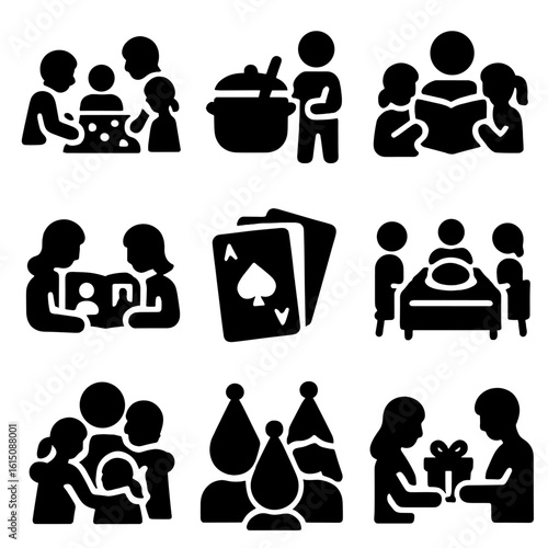 Family Gathering Icons. Solid, filled icon set of family gathering activities: board game, cooking pot, storytelling, photo album,