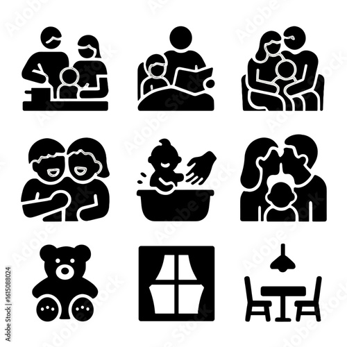 Family Life Icons. Solid, filled icon set of lifestyle family photography: kitchen scene, bedtime story, cuddling on couch, candid