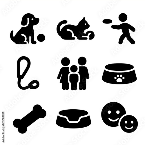 Family Pet Play Icons. Solid, filled icon set of playing with pets as a family: dog with ball, cat with yarn, child throwing