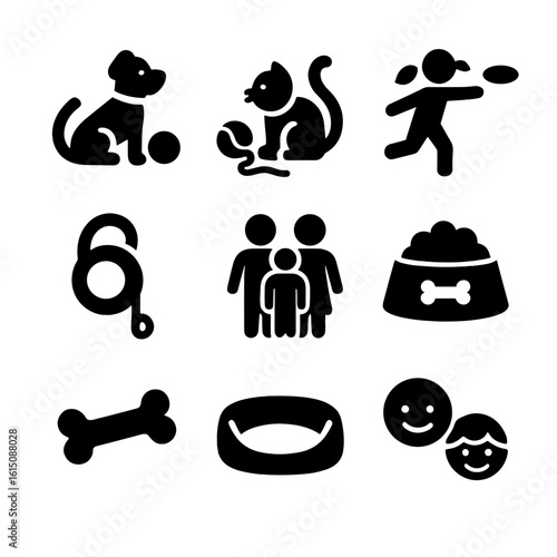 Family Pet Play Icons. Solid, filled icon set of playing with pets as a family: dog with ball, cat with yarn, child throwing