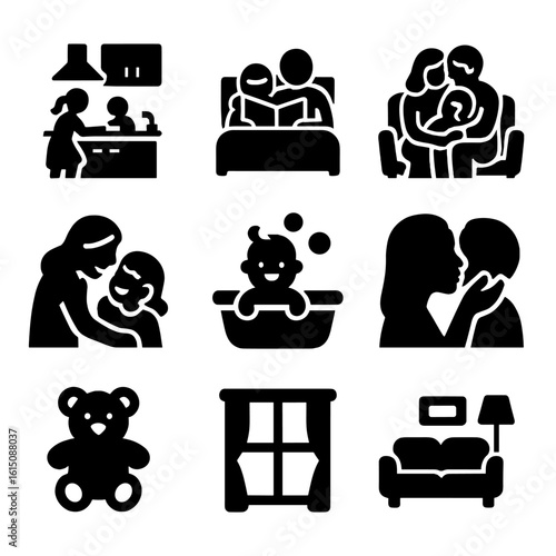 Family Life Icons. Solid, filled icon set of lifestyle family photography: kitchen scene, bedtime story, cuddling on couch, candid