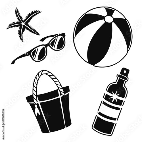 Collection of beach essentials including a starfish sunglasses beach ball tote bag and sunscreen bottle