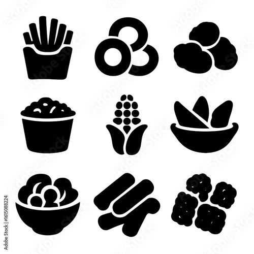 Fast Food Sides Icons. Solid, filled icon set of fast food sides: French fries, onion rings, chicken nuggets, coleslaw cup, corn