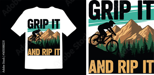 Mountain Biker Jumping Silhouette T-Shirt Design with Teal Sky and Pine Forest