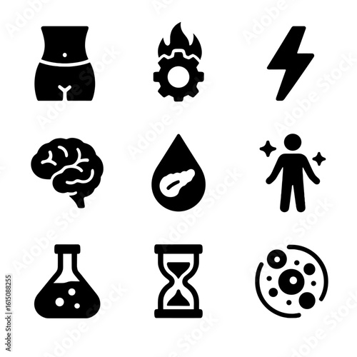 Fasting Benefits Icons. Solid, filled icon set of fasting benefits: weight loss, improved metabolism, energy boost, mental clarity