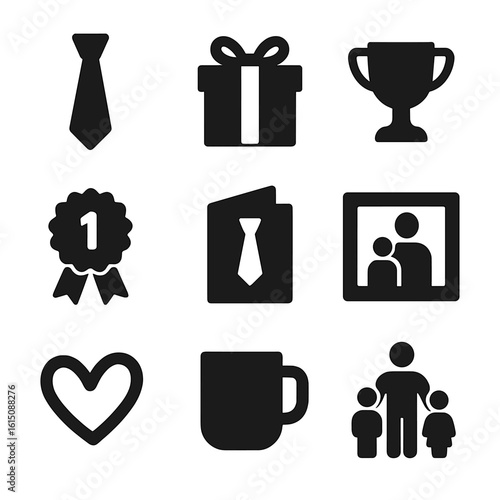 Father's Day Icons. Solid, filled icon set of Father’s Day celebration items: necktie, gift box, trophy, "#1 Dad" badge, greeting