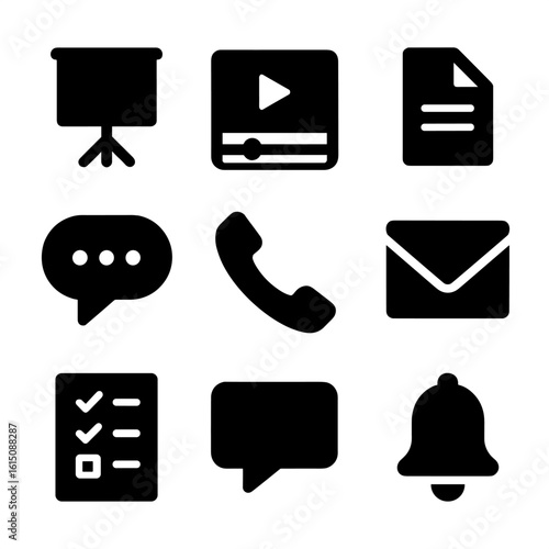 Feedback Methods Icons. Solid, filled icon set of feedback delivery methods: presentation screen, video player, document sharing,