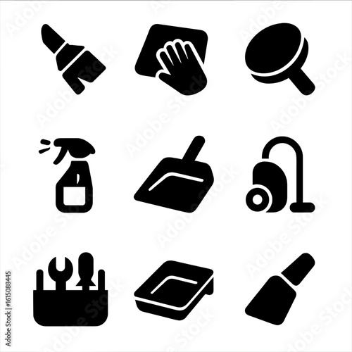Finishing Touches Icons. Solid, filled icon set of finishing touches: paintbrush, cleaning cloth, polishing pad, glass cleaner,