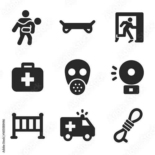 Fire Rescue Icons. Solid, filled icon set of fire rescue operations: person carrying, rescue stretcher, emergency exit sign, first