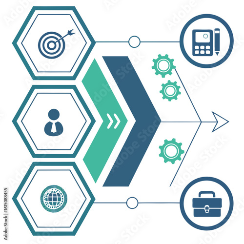 Vector art of business process management concept with icons isolated on white background