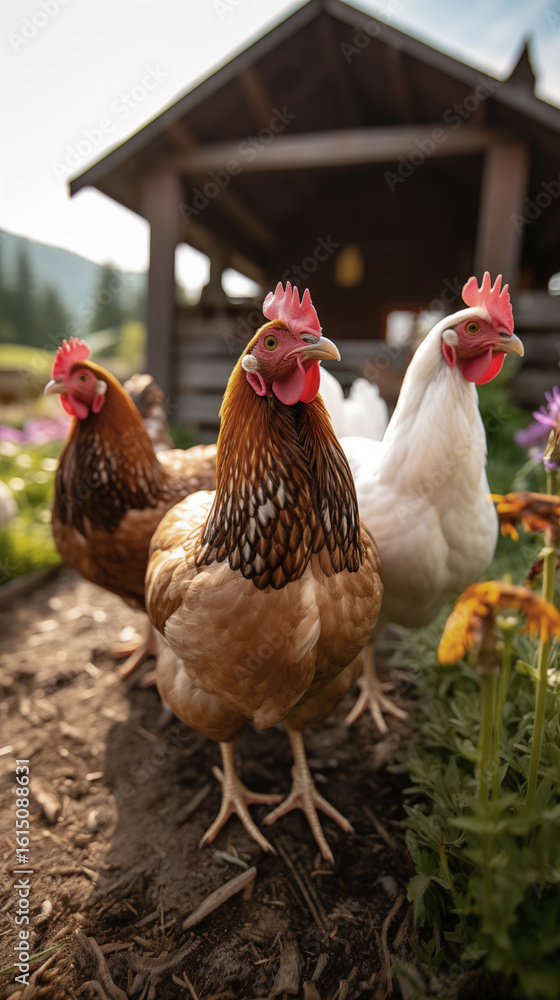 Fototapeta premium Free range brown and white chickens grazing peacefully in sunny farm pasture, white daisies and wooden coops under bright blue sky, sustainable organic poultry farming lifestyle.