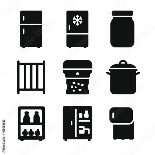 Food Storage Icons. Solid, filled icon set of food storage and preservation: refrigerator, freezer, mason jar, drying rack, vacuum