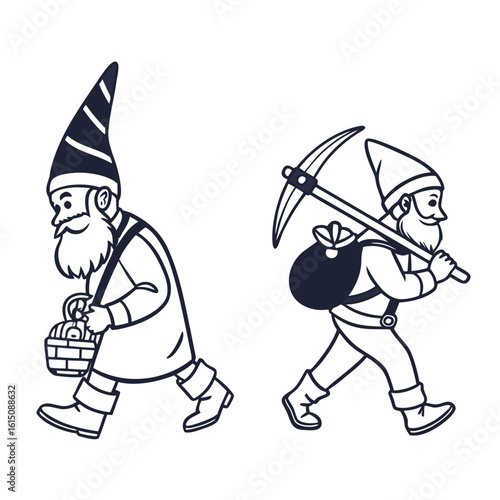 Vector art of cartoon gnome miner carrying pickaxe and gold isolated on white background
